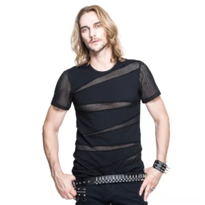 Black asymmetric mesh gothic t-shirt front view worn by male model with long hair in studio