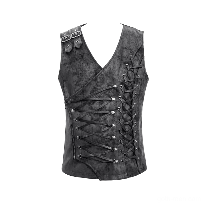 Black asymmetric leather waistcoat flat lay showing dual lace-up sides, V-neck cut, and shoulder buckle straps