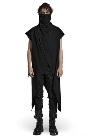 Black asymmetrical gothic knit vest front view on male model with irregular hemline and cowl neckline