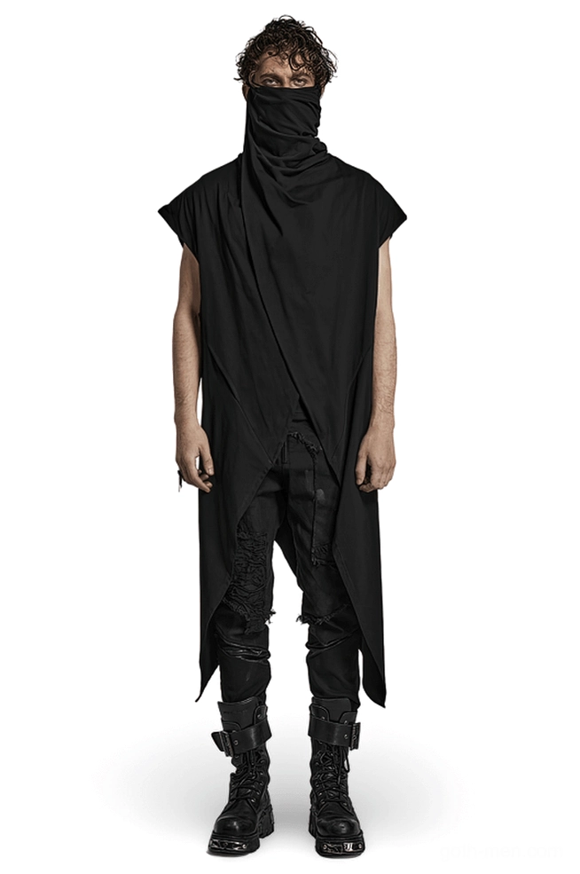 Black asymmetrical gothic knit vest front view on male model with irregular hemline and cowl neckline