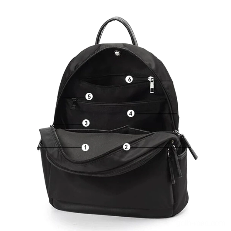 Black backpack labeled inner compartment multi-layer storage pockets organization