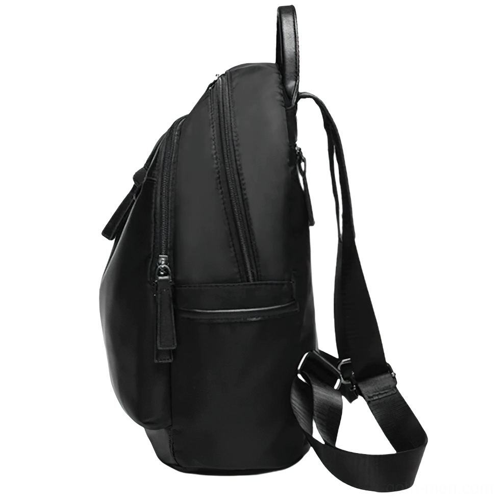 Black gothic backpack side view adjustable shoulder strap zipper pocket