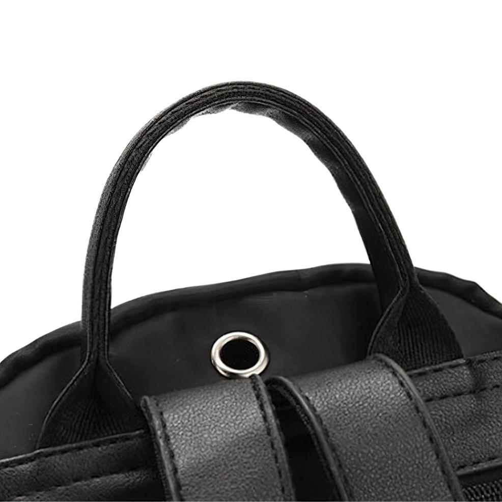 Black backpack adjustable straps leather accents gothic minimalist construction