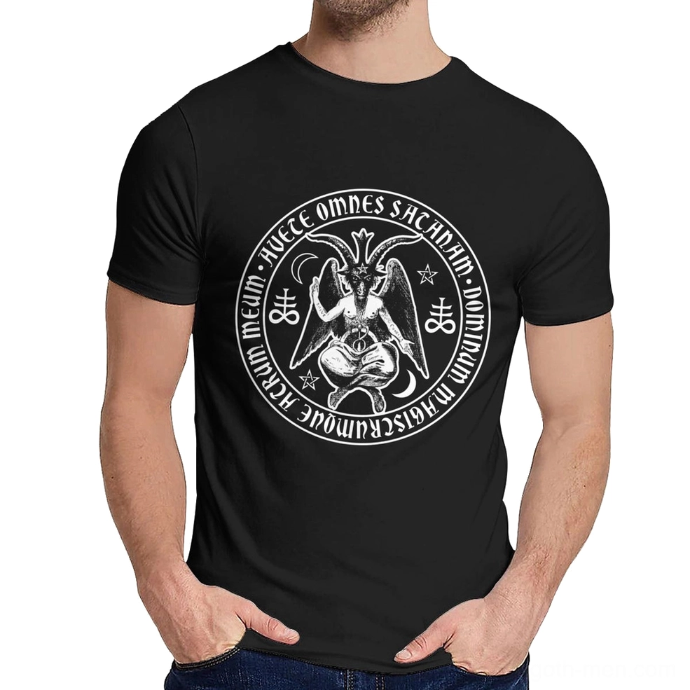 Men's black Baphomet satanic cross gothic t-shirt with circular demon print on chest, full front studio view