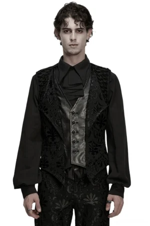 Black baroque embroidered gothic waistcoat front view on male model, damask jacquard pattern with leather panel detailing