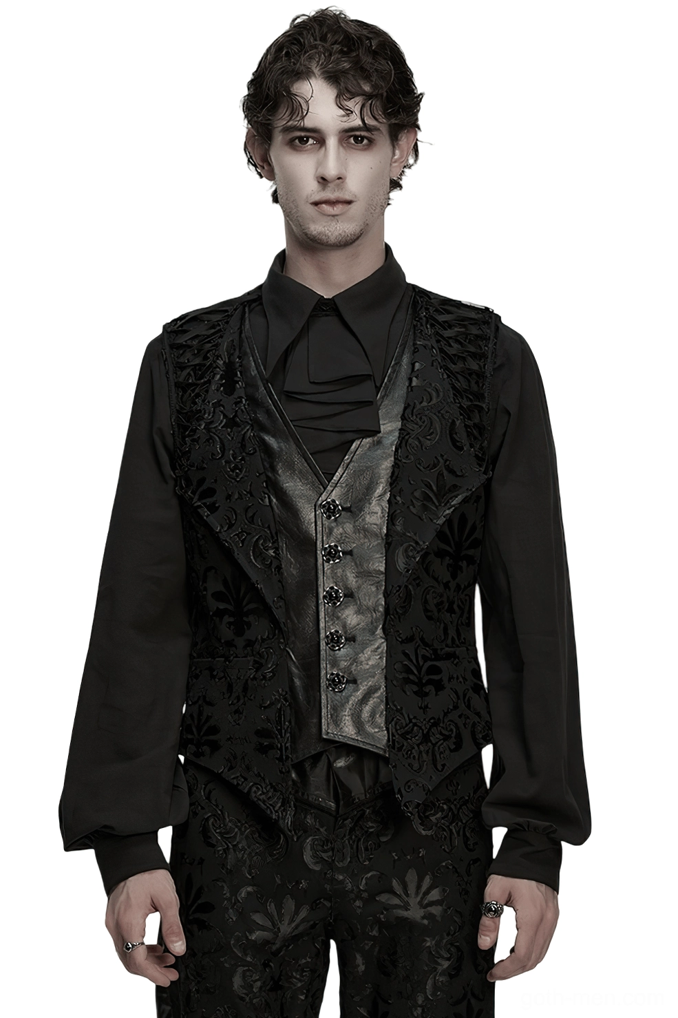 Black baroque embroidered gothic waistcoat front view on male model, damask jacquard pattern with leather panel detailing