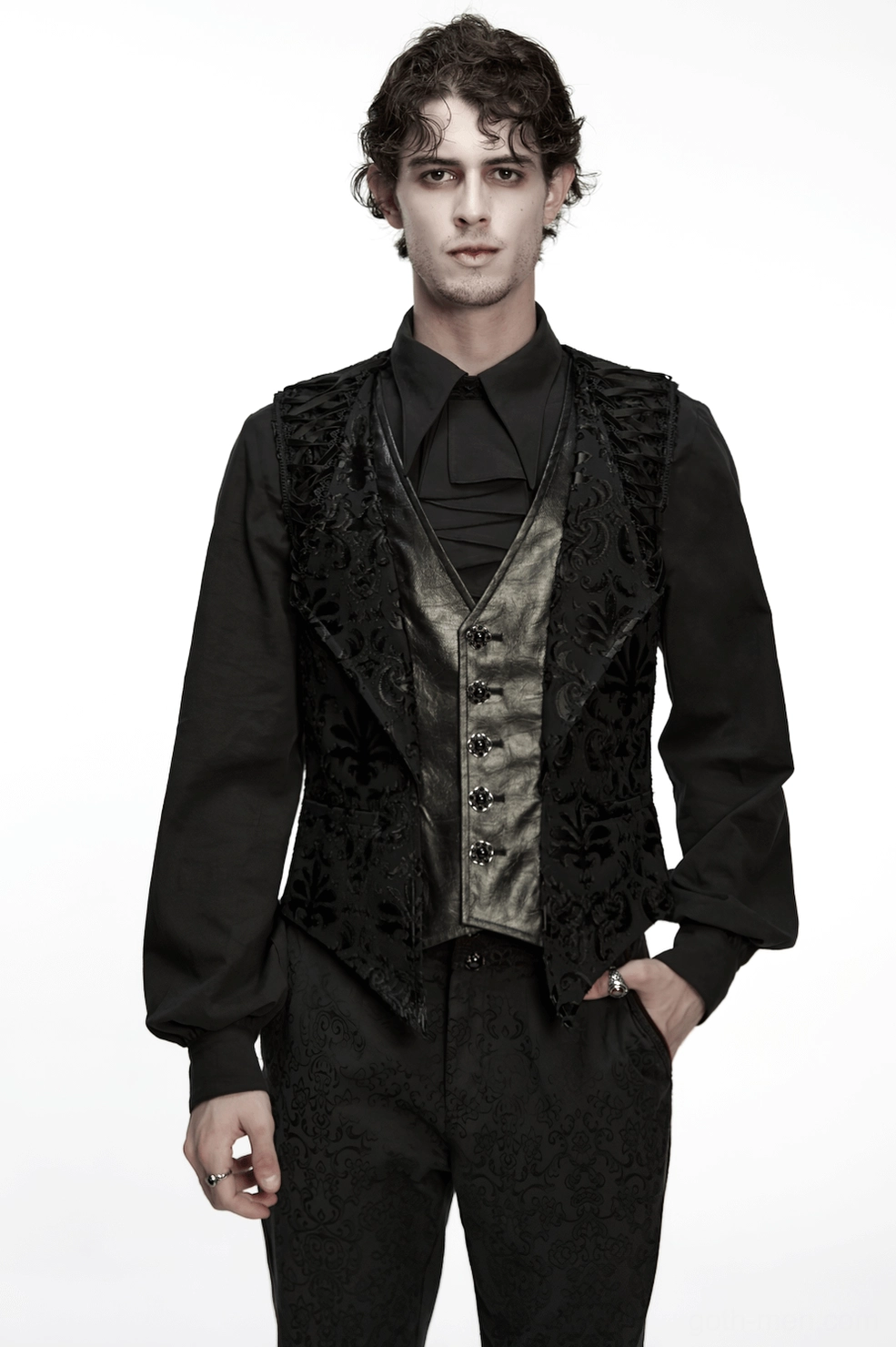 Black baroque gothic waistcoat detailed construction showing lining quality and seam craftsmanship