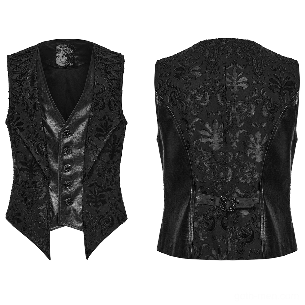 Black baroque embroidered waistcoat flat lay front and back showing peaked lapels and leather panel construction