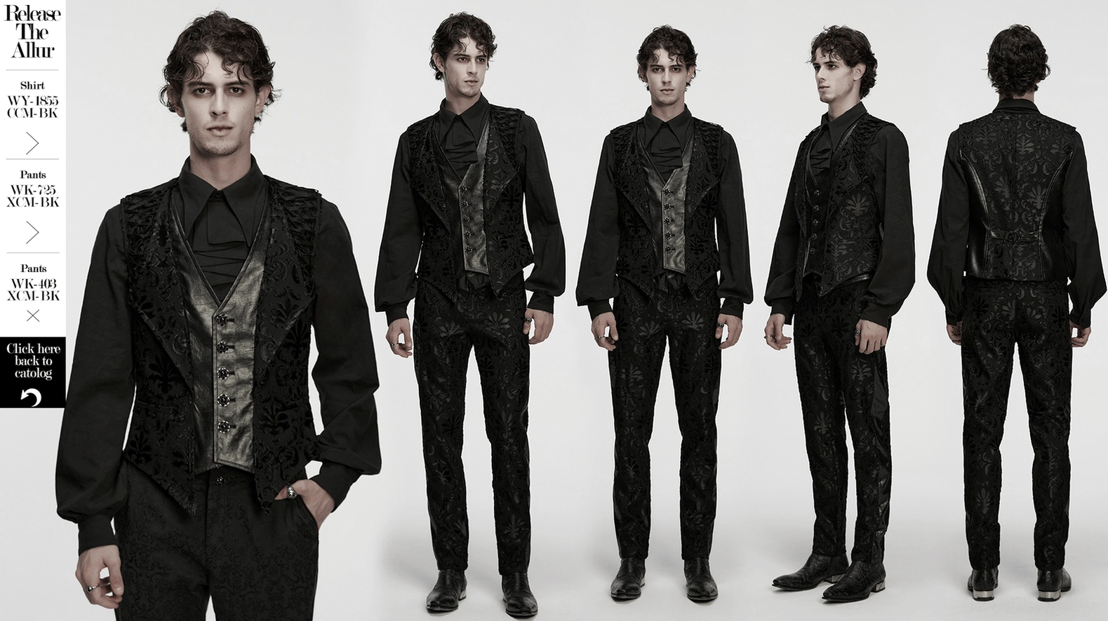 Black baroque embroidered gothic waistcoat functional pocket and side seam detail on flat lay
