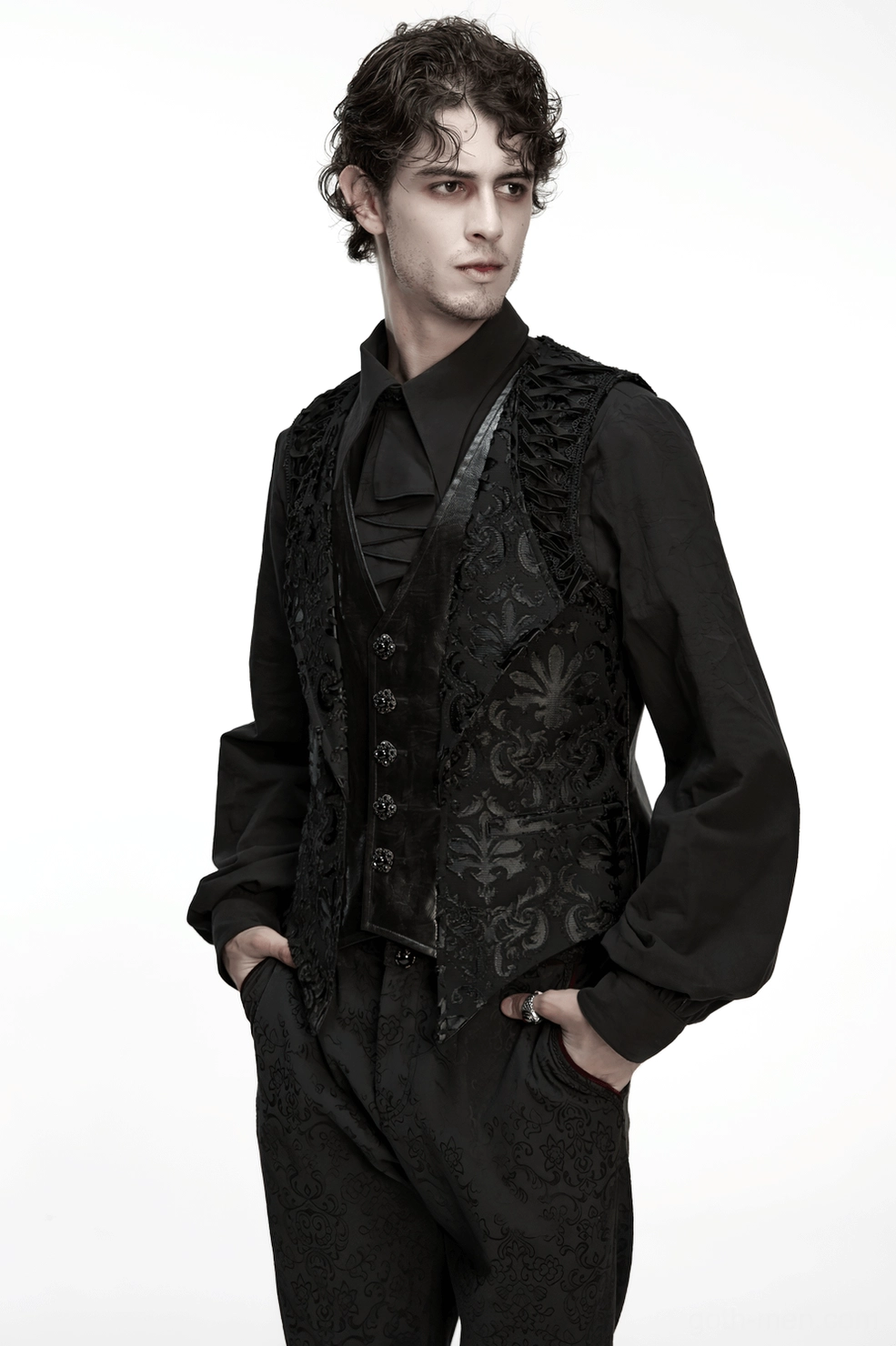 Black baroque waistcoat side angle showing slim fit silhouette and asymmetrical leather panel design