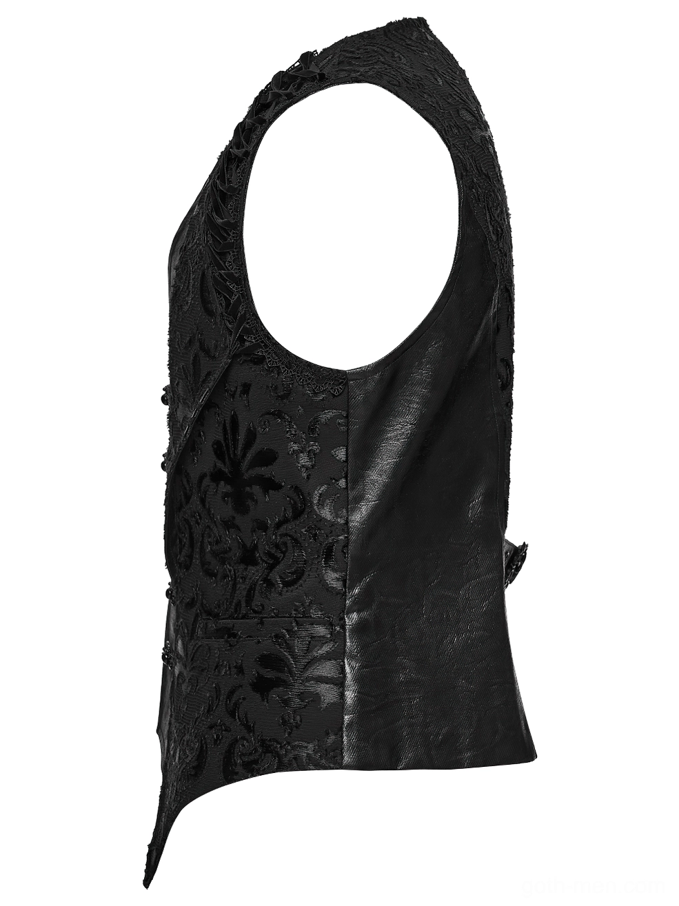 Black baroque waistcoat side flat lay showing asymmetrical cut and faux leather side panel construction