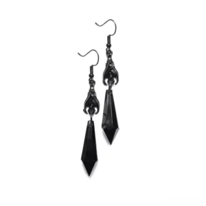 Black gothic bat dangle earrings with solid black faceted teardrop charms - overhead flat lay view