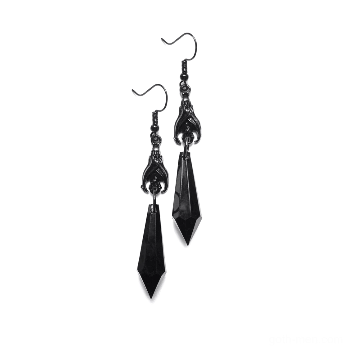Black gothic bat dangle earrings with solid black faceted teardrop charms - overhead flat lay view