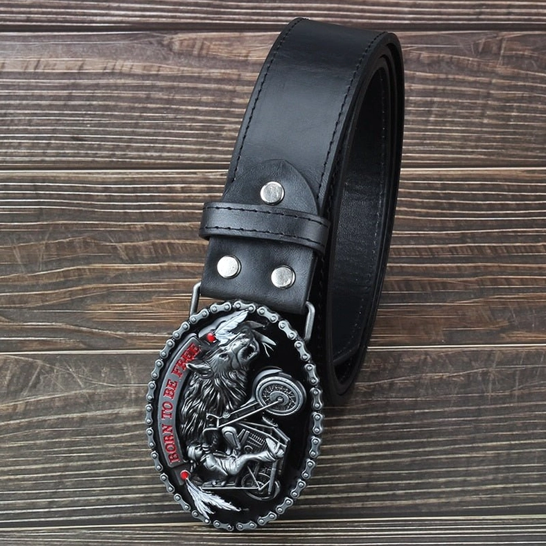 Black biker belt vertical side view showing metal rivets on keeper loop gothic buckle
