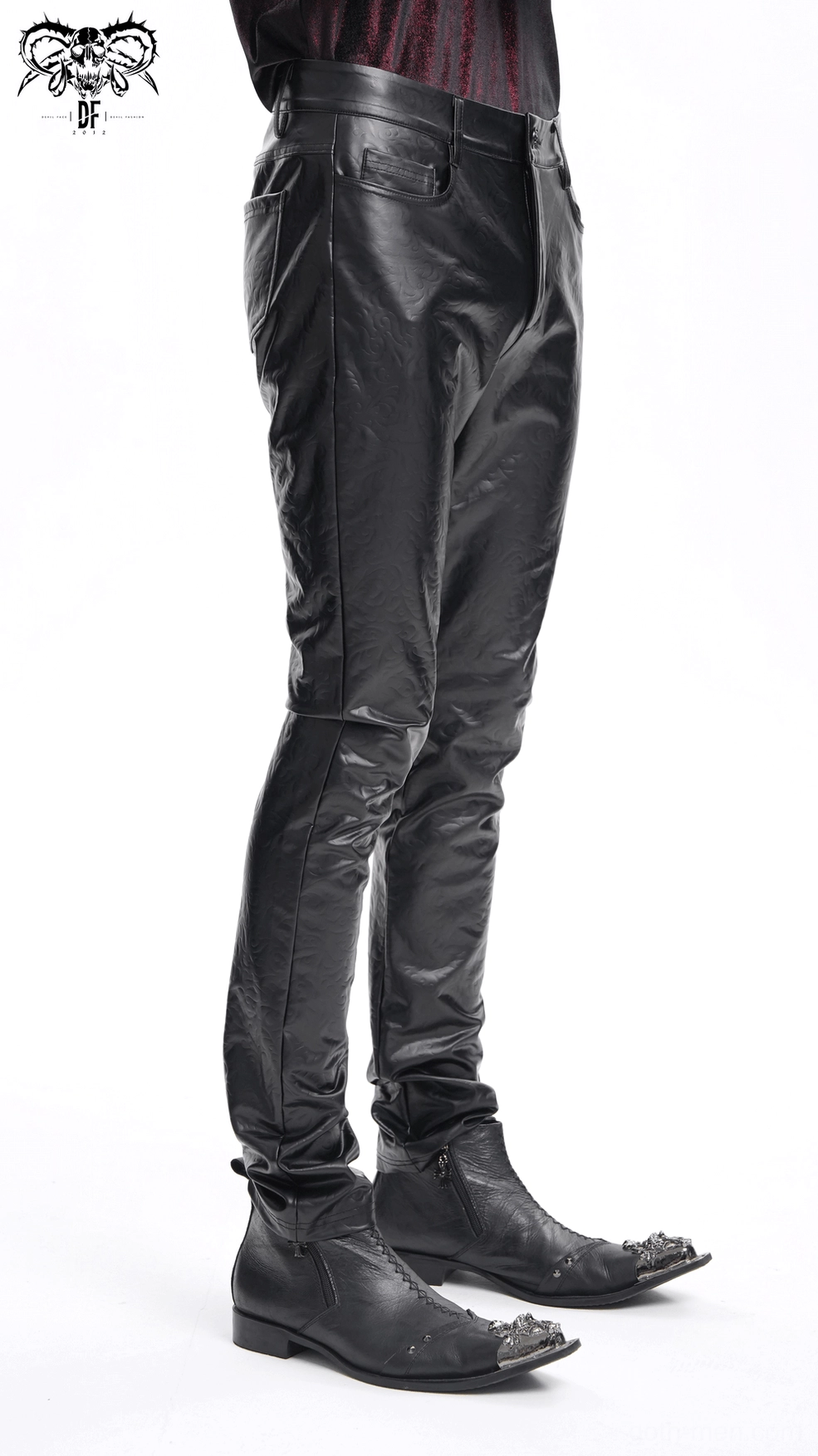 Biker style black synthetic leather pants for men full body view alternative fashion