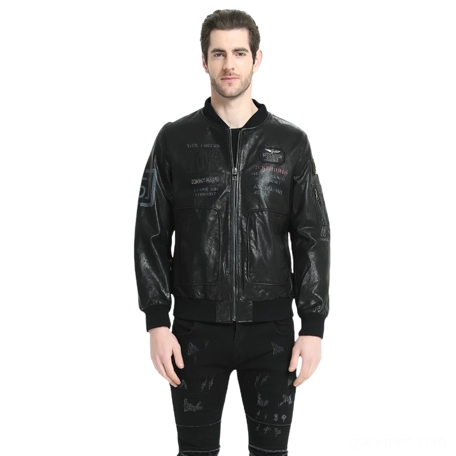 Black genuine leather biker jacket front view with printed details and chest patches on model