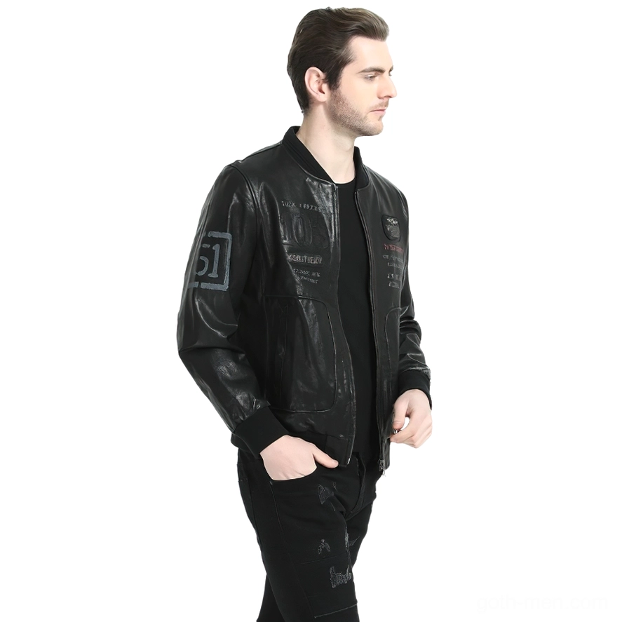Black leather biker jacket with sunglasses front three-quarter lifestyle shot on male model