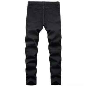 Black gothic biker denim pants back view showing dual rear pockets and medium wash denim texture