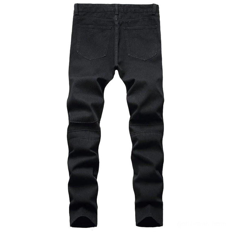 Black gothic biker denim pants back view showing dual rear pockets and medium wash denim texture