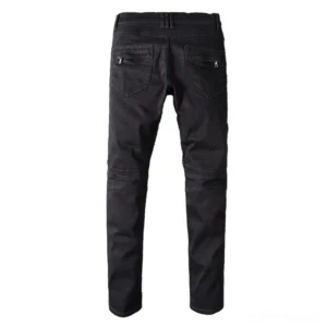 Black biker jeans rear view - gothic denim with zippered back pockets and ribbed waist