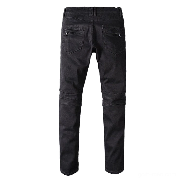 Black biker jeans rear view - gothic denim with zippered back pockets and ribbed waist
