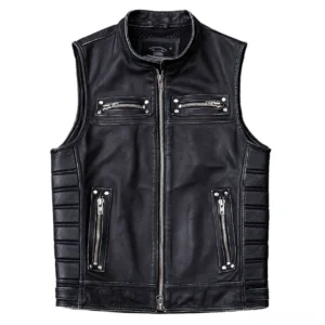 Vintage black motorcycle biker vest stand collar metal zipper front detail