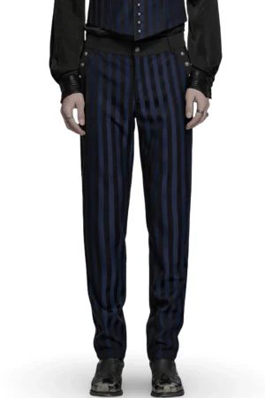 Black-blue vertical stripe gothic slim-fit trousers front view with metal buckle accents worn by male model in studio