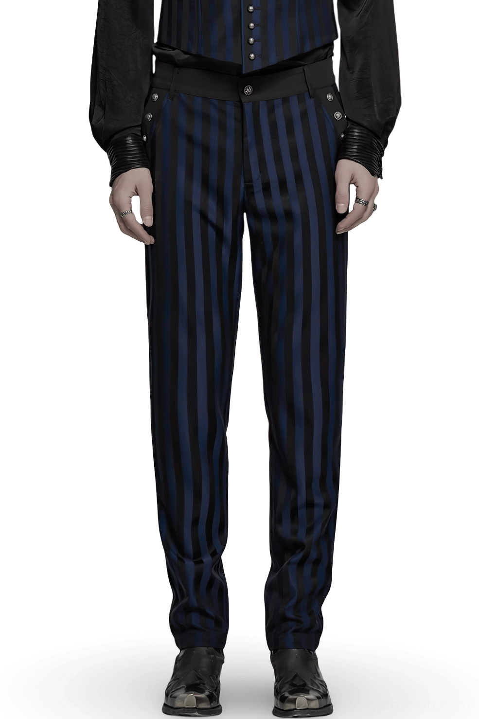 Black-blue vertical stripe gothic slim-fit trousers front view with metal buckle accents worn by male model in studio