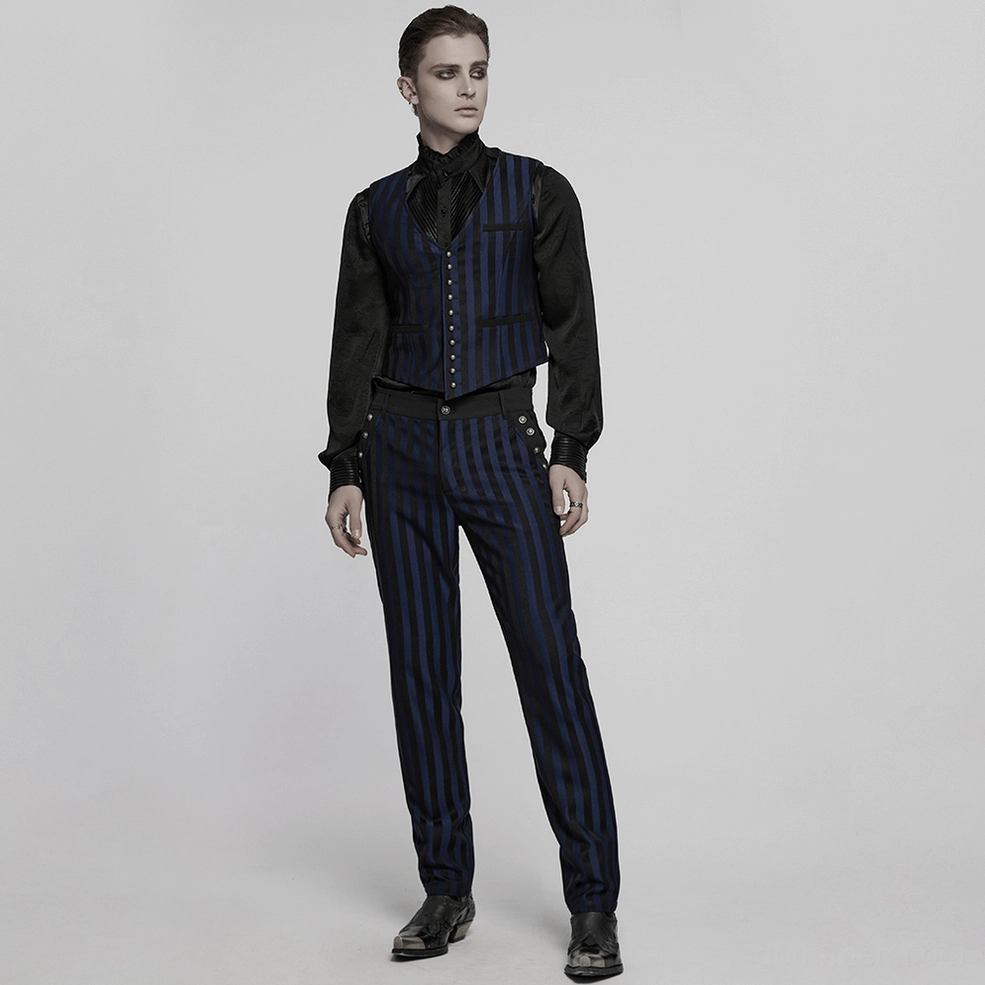 Black-blue striped gothic trousers flat lay view demonstrating uniform stripe pattern and slim fit silhouette