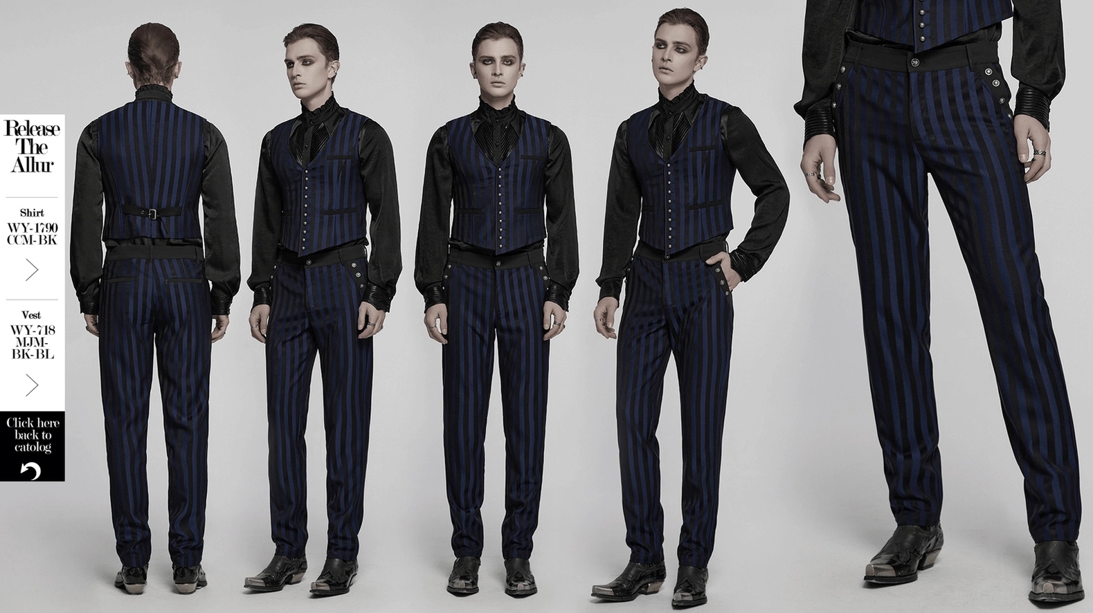 Black-blue vertical stripe gothic slim-fit trousers main product shot showing complete design and metal buckle accents
