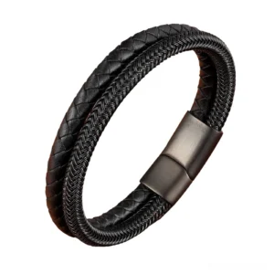 Black braided genuine leather gothic magnetic clasp bracelet with stainless steel closure, front view on white background