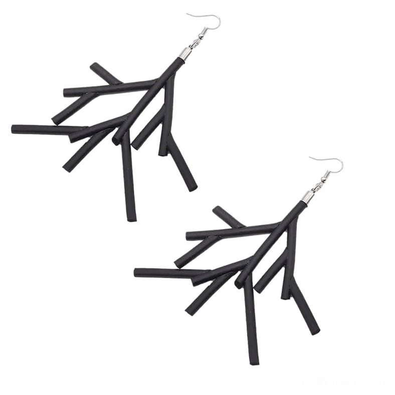 Pair of black branch dangle earrings flat lay top-down view on white background, showcasing matte finish and organic geometric tree branch pattern