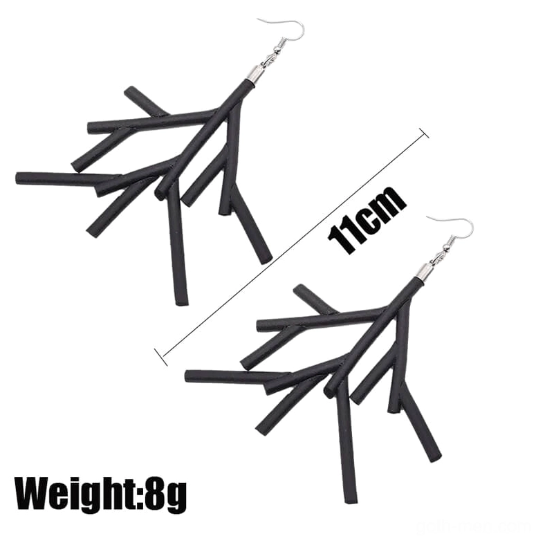 Black branch dangle earrings with product size label showing 11cm length and 8g weight per pair on white background