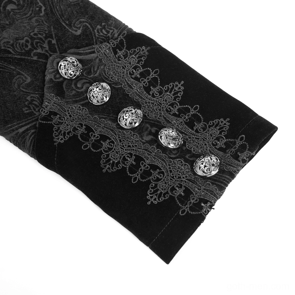 Black brocade Victorian gothic tailcoat fabric texture detail showing damask pattern and ornate weave construction