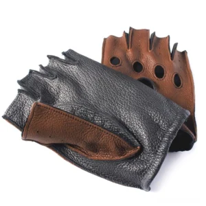 Two-tone black and brown leather half-finger driving gloves with breathable ventilation holes, studio flat lay