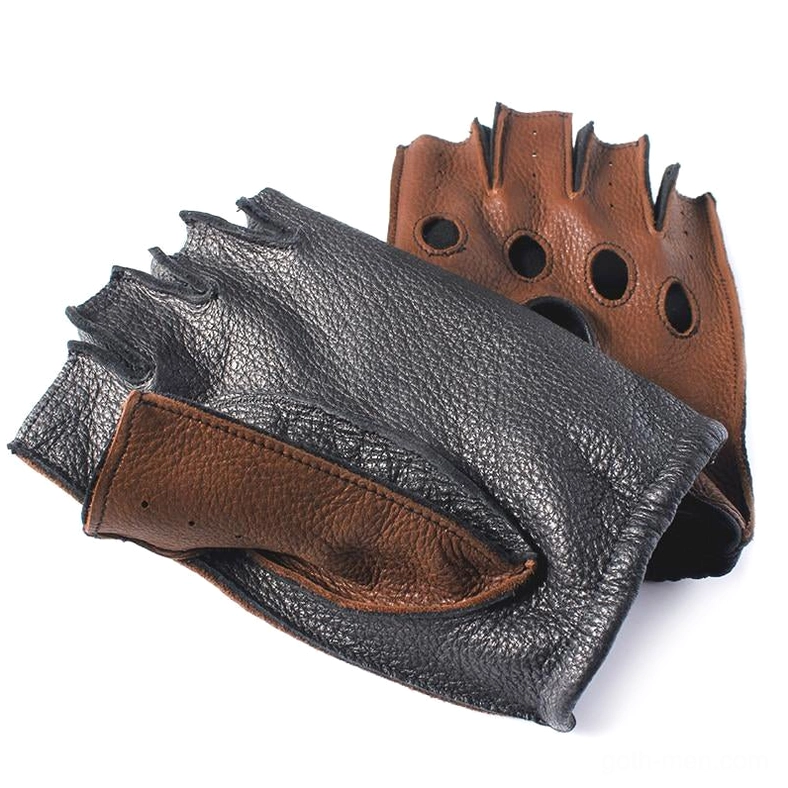 Two-tone black and brown leather half-finger driving gloves with breathable ventilation holes, studio flat lay