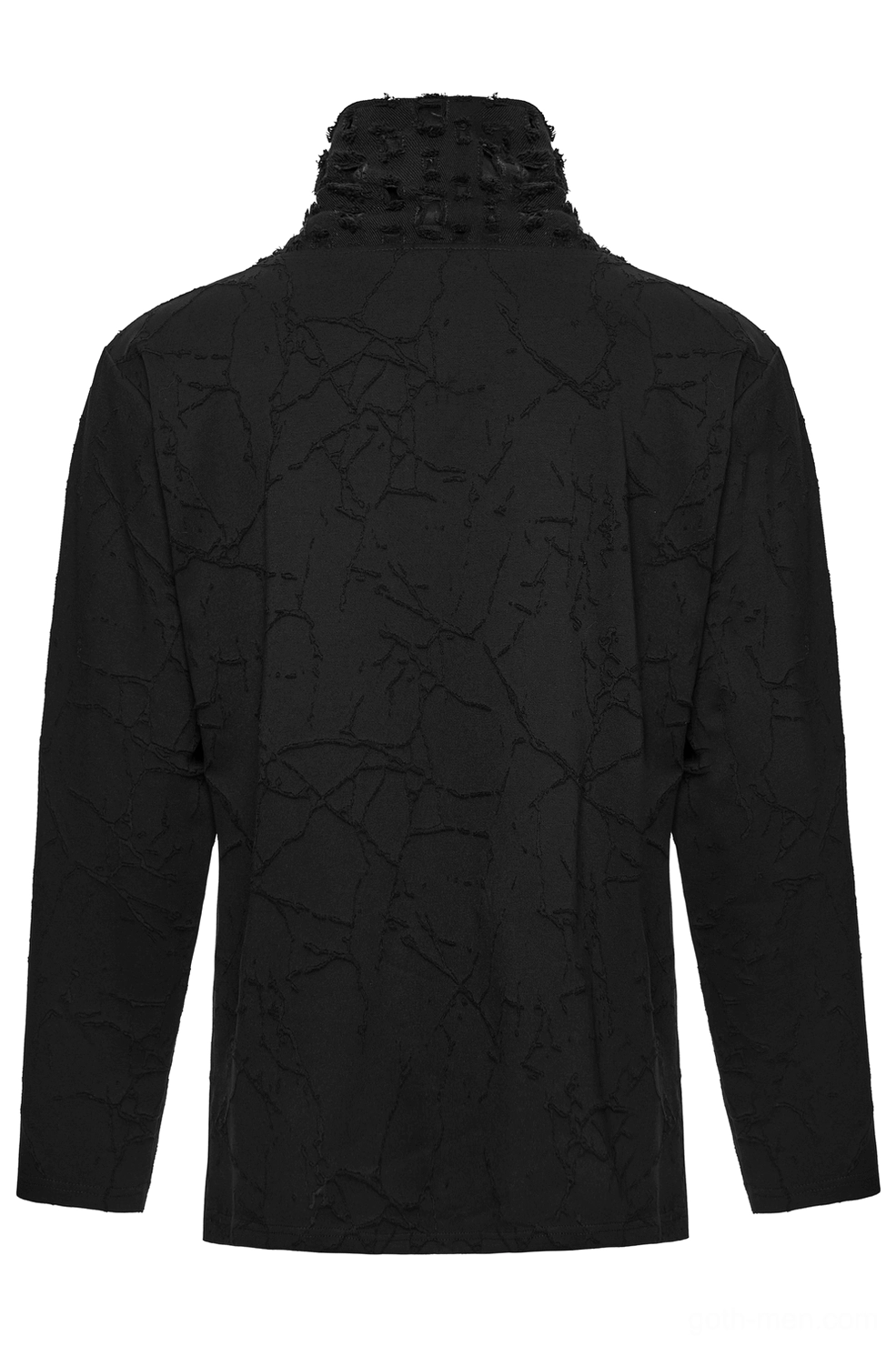 Black gothic long-sleeve top rear flat lay view, plain back design, cracked burnout fabric texture throughout
