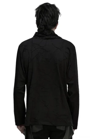 Black gothic long-sleeve top rear view on model, high stand collar visible, cracked burnout knit texture throughout