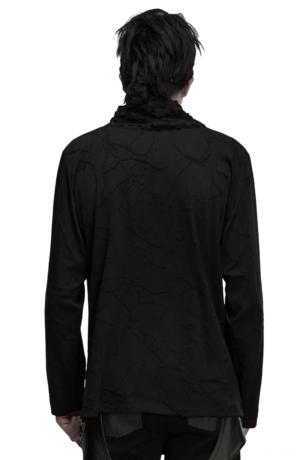 Black gothic long-sleeve top rear view on model, high stand collar visible, cracked burnout knit texture throughout