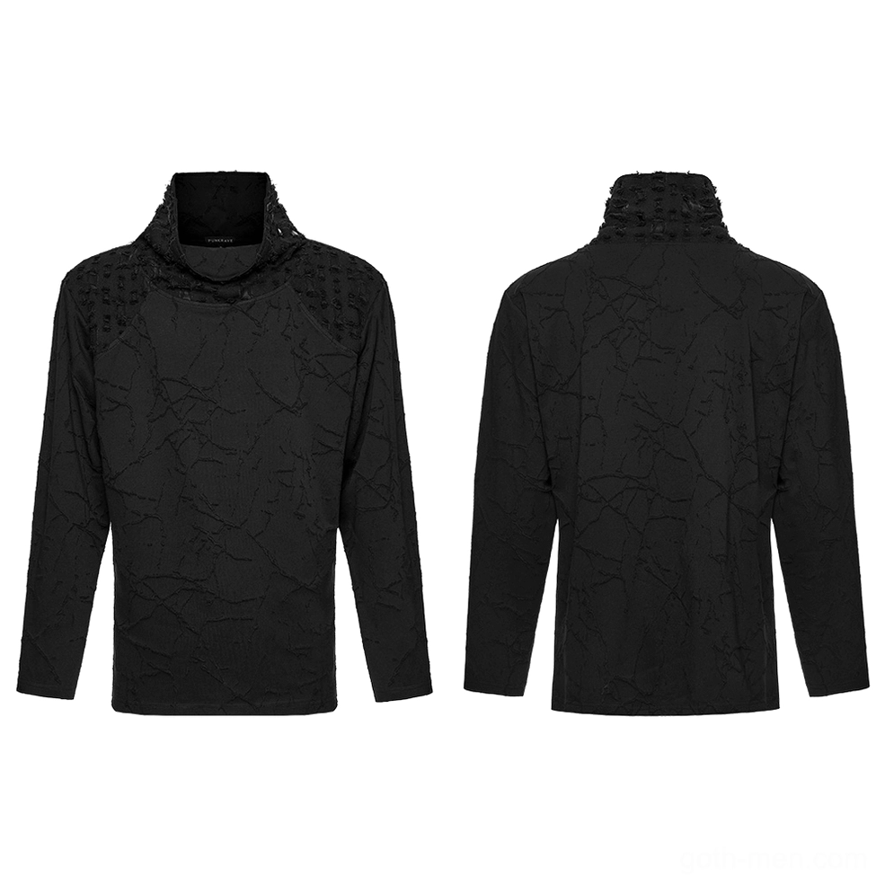Black burnout knit gothic top flat lay front and back view, full garment display, stand collar design, textured fabric