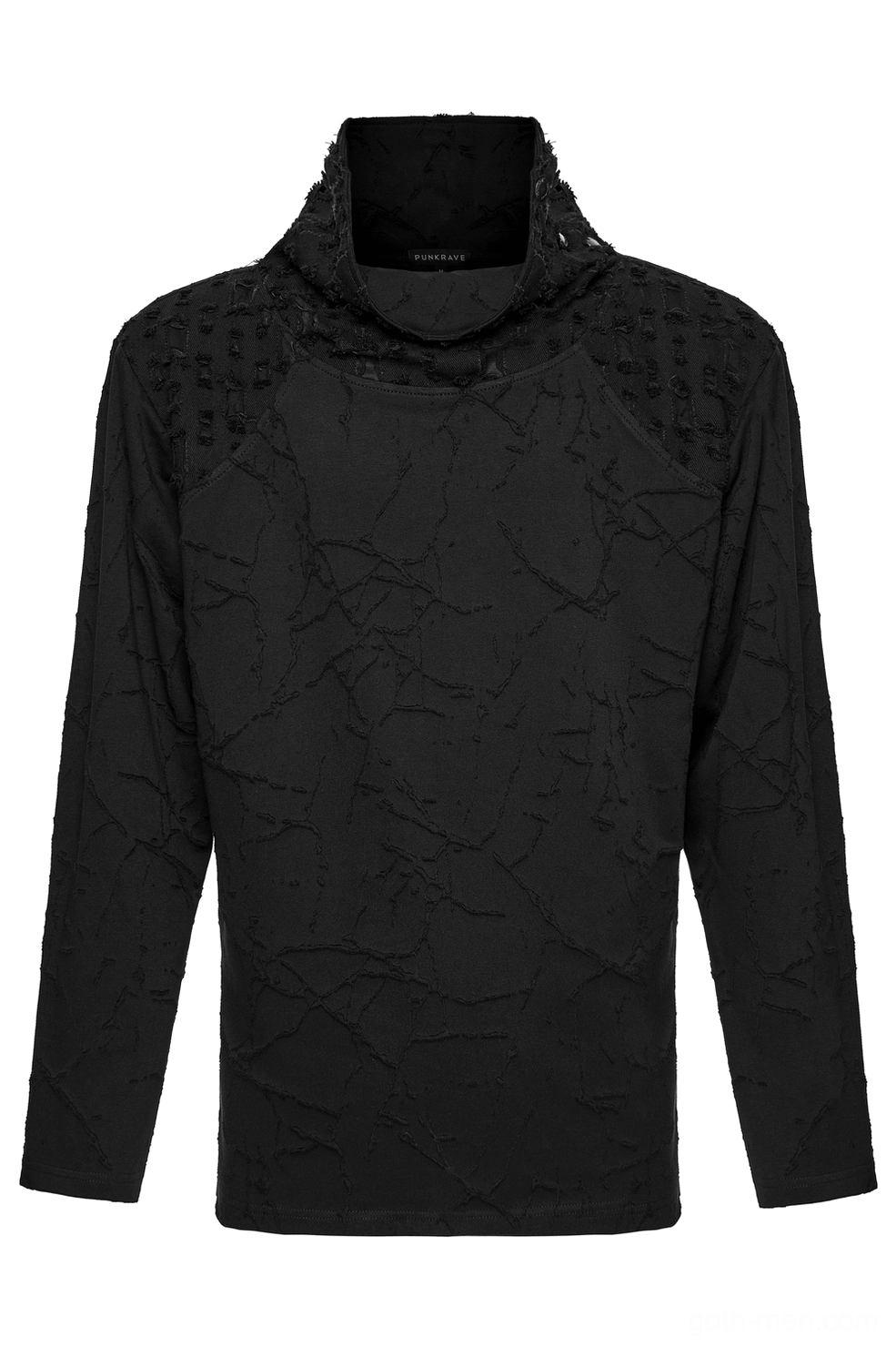 Black gothic stand collar top front flat lay, cracked woven texture detail, snap button collar fastening detail