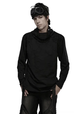 Black burnout knit gothic stand collar top front view on male model, cracked distressed fabric texture, snap fastening collar detail