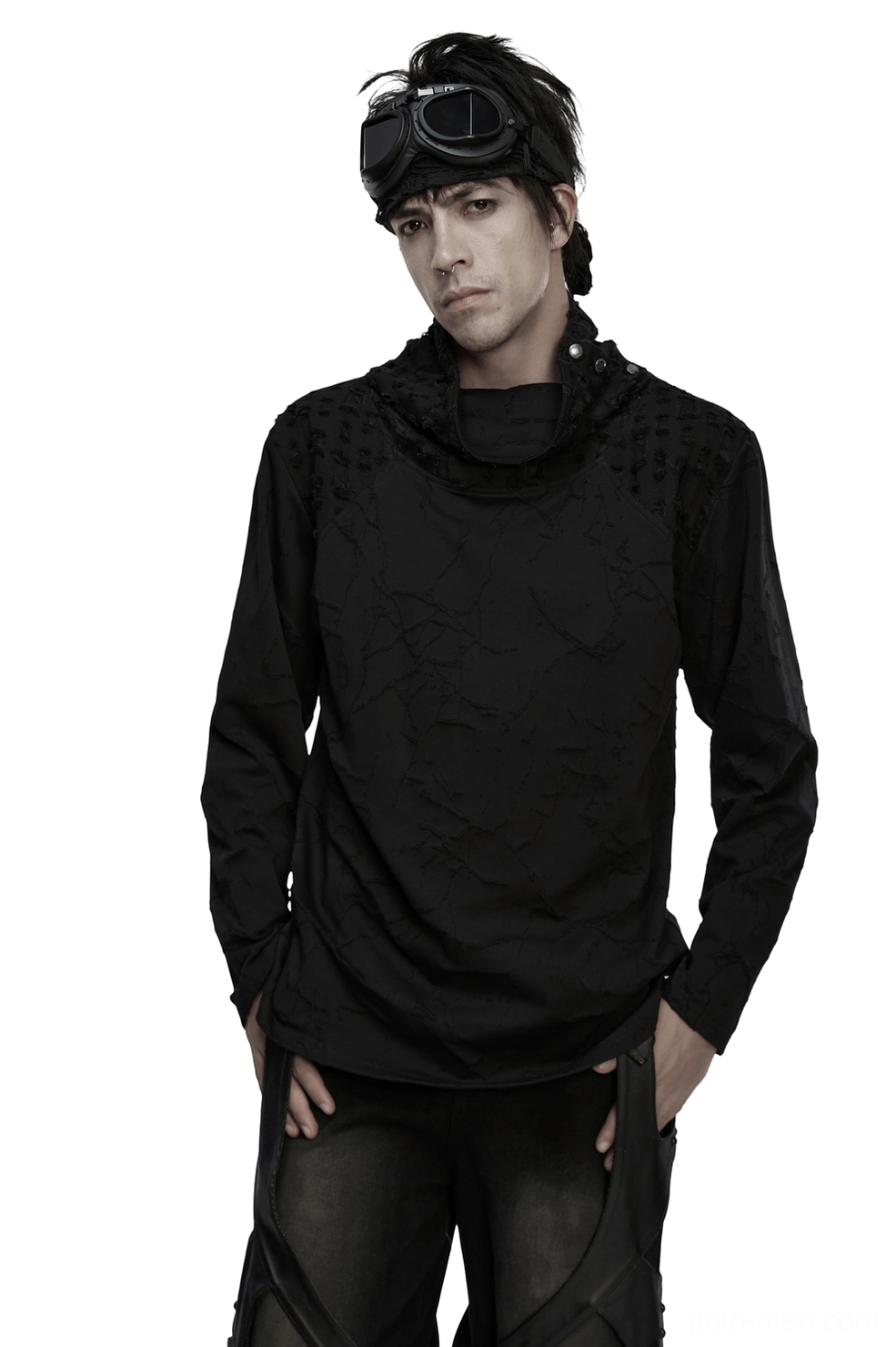 Black burnout knit gothic stand collar top front view on male model, cracked distressed fabric texture, snap fastening collar detail