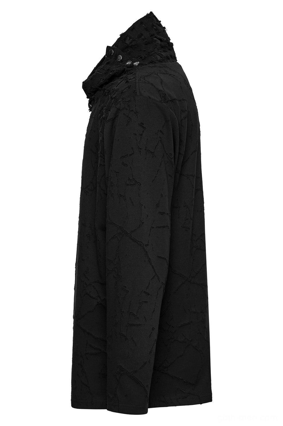 Black gothic long-sleeve top side flat lay, high stand collar, fitted silhouette, textured distressed fabric detail