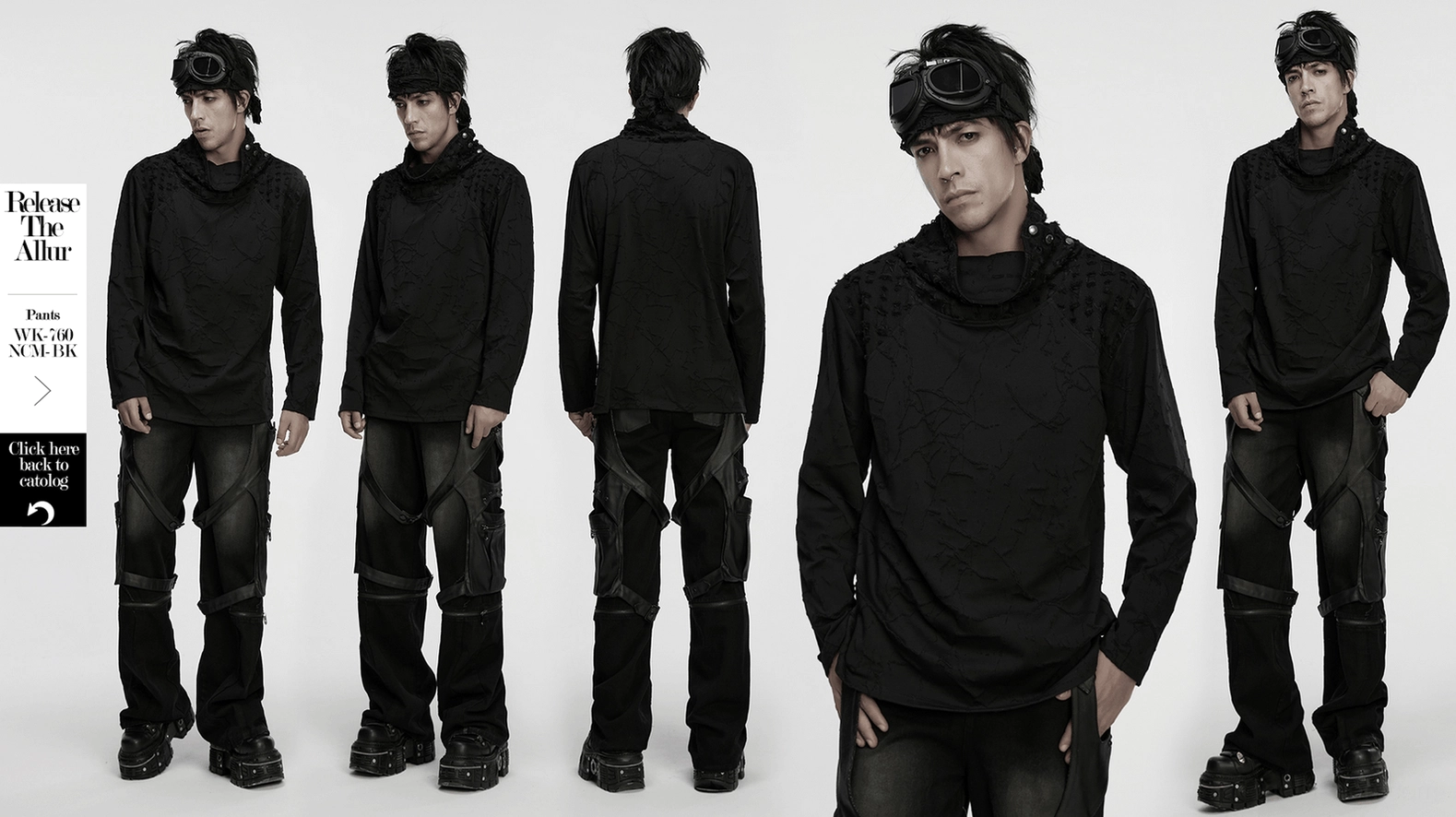 Black burnout knit gothic top main product image, stand collar, snap fastening, distressed texture, cyberpunk goth style