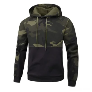 Black camo patchwork gothic hoodie front view with green camouflage upper and solid black lower section