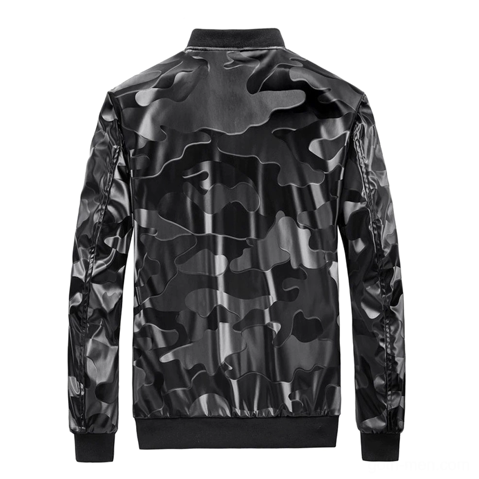 Black camouflage PU leather bomber jacket rear view, flat lay showing full back camouflage pattern and ribbed hem construction