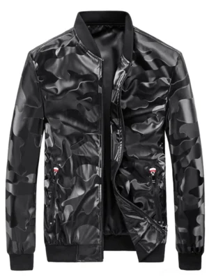 Black camouflage PU leather bomber jacket front view, flat lay studio shot showing ribbed collar, metal zipper, and side pockets