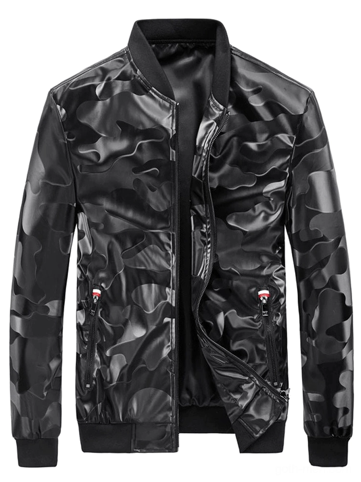 Black camouflage PU leather bomber jacket front view, flat lay studio shot showing ribbed collar, metal zipper, and side pockets