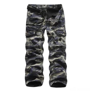 Black camo cargo pants front flat lay, multi-pocket tactical design with fabric waist belt and fleece lining